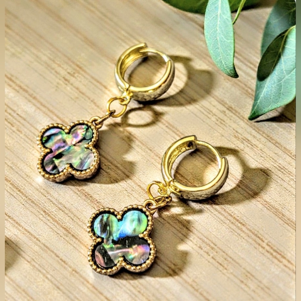 Abalone Shell & Gold Plated 14k and Iridescent Floral Drop Earrings